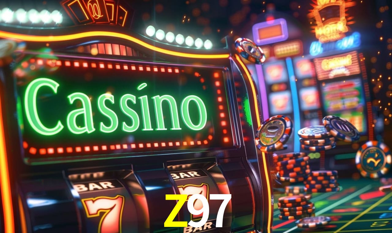 Una escena digital vívida inspirada en casino con Z97 mostrado prominentemente, luces brillantes, fichas, cartas y acentos dorados.