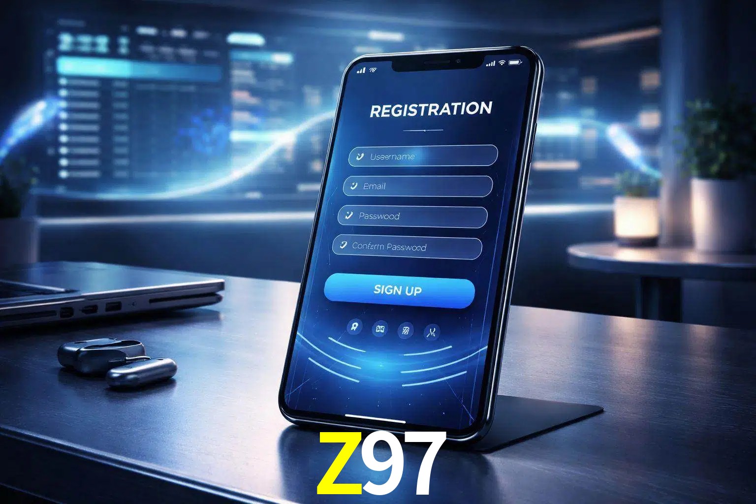 Una interfaz moderna de registro móvil para Z97 mostrada en un smartphone con un panel de apuestas elegante.